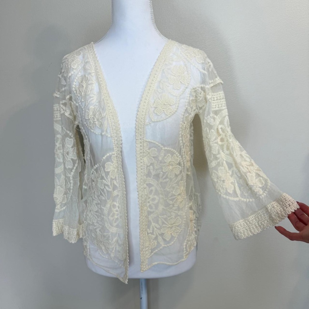 Rebellion Again Cream Sheer Lace Open Front Cardigan Kimono Womens S Boho Fairy